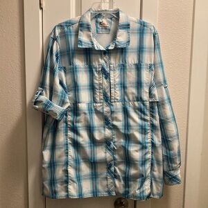 Worldwide Sportsman White Blue Plaid  Button Down Shirt, Size XXL SPF 30